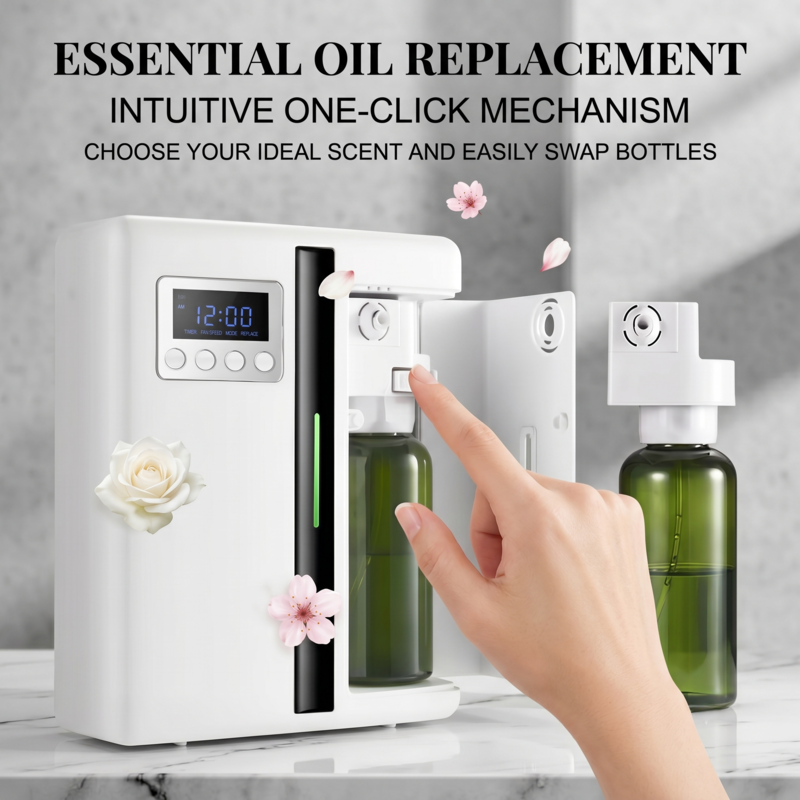 Mécanisme intuitif de remplacement du flacon d'huile essentielle en un clic sur le diffuseur de parfum intelligent Alphinea blanc.