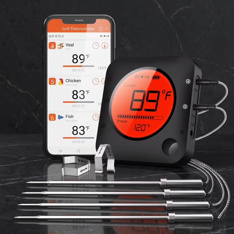 Thermomètre de cuisson Bluetooth Alphinea, présenté à côté d'un smartphone montrant l'application de suivi associée et quatre sondes à viande en acier inoxydable.