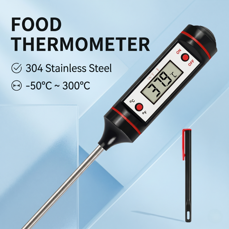 Alphinea Digital Food Thermometer featuring an ultra-fast sensor array, 304 stainless steel probe, and high-contrast digital interface. Displays a clinical temperature range of -50°C to 300°C for ultimate culinary mastery.
