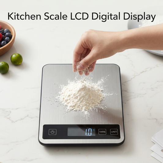 Die digitale Küchenwaage Alphinea mit LCD-Anzeige wird zum genauen Abwiegen von Mehl zum Backen verwendet.