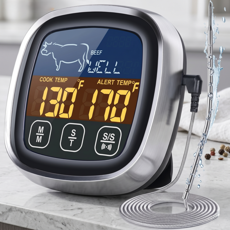 Close-up of the Alphinea high-precision digital meat thermometer featuring a high-contrast LCD screen, dual temperature display, and a waterproof, pro-grade stainless steel probe.
