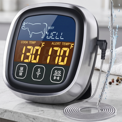 Close-up of the Alphinea high-precision digital meat thermometer featuring a high-contrast LCD screen, dual temperature display, and a waterproof, pro-grade stainless steel probe.