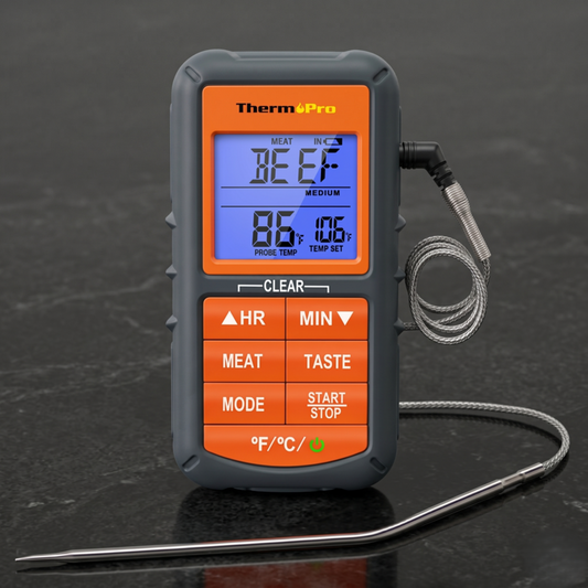 Alphinea digital meat thermometer with stainless steel probe and clear LCD display for precise cooking.
