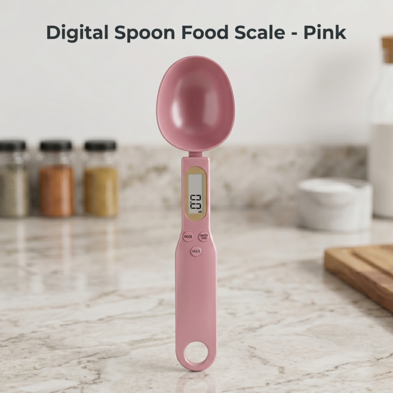 Digitale Löffelwaage Pink Alphinea für die Küchenarbeitsplatte, ideal für präzise Back- und Kochmessungen.
