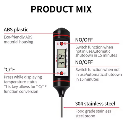 Technical diagram of the Alphinea high-performance digital thermometer detailing the durable ABS plastic housing, intuitive ON/OFF switch, Celsius/Fahrenheit conversion button, and stainless steel probe.