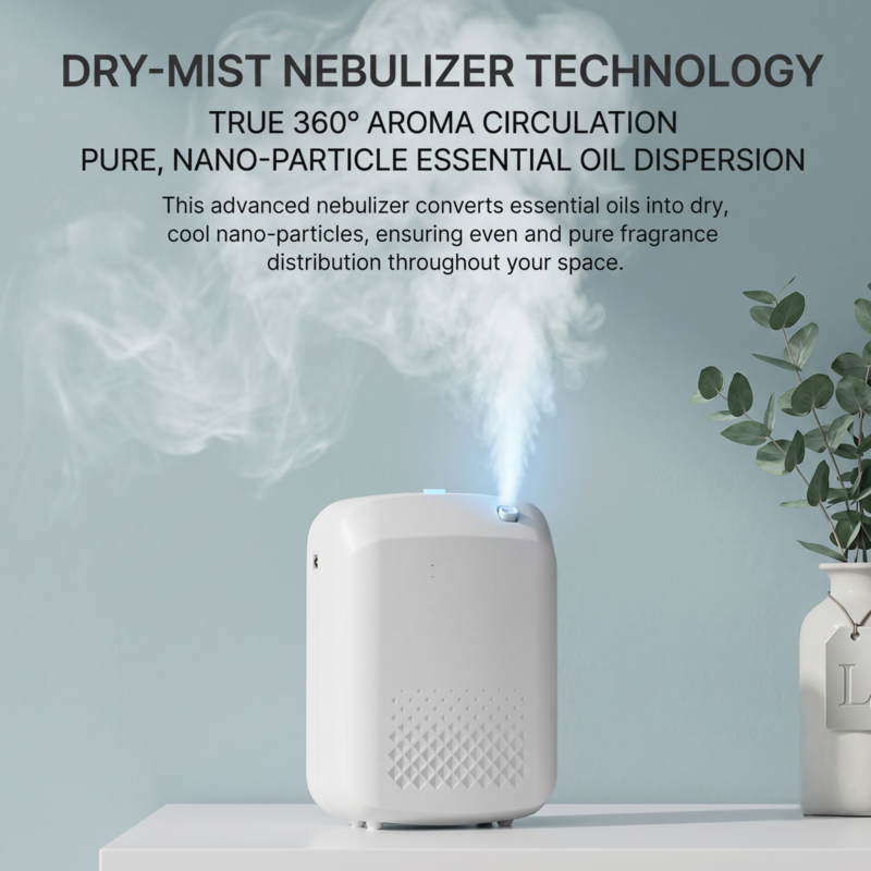 Diffuseur Alphinea diffusant une dispersion d'huile essentielle pure à l'aide de nanoparticules grâce à une technologie de nébulisation à brume sèche avancée.