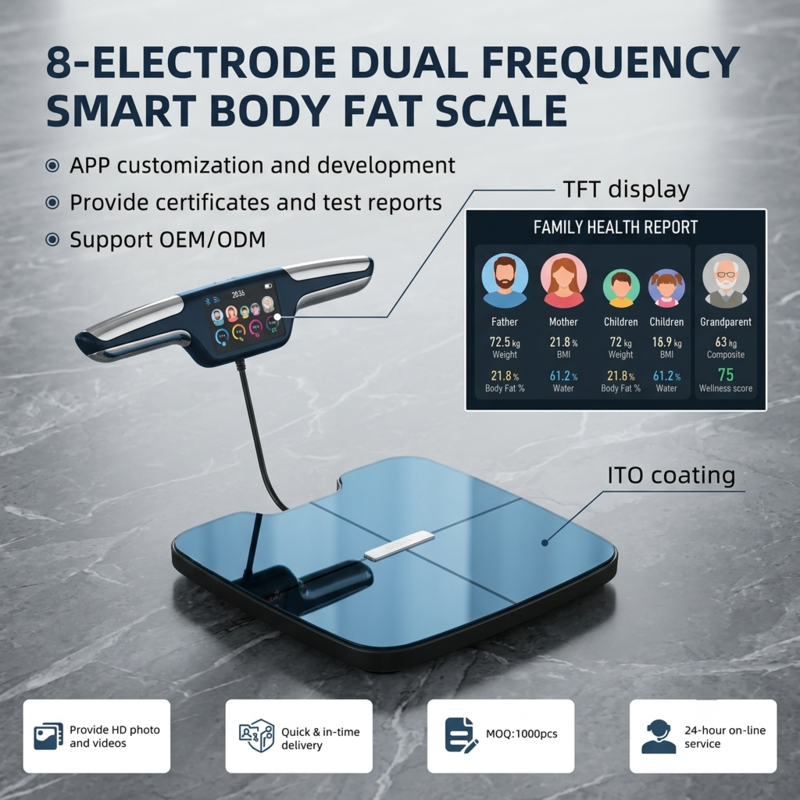 Balance connectée Alphinea à 8 électrodes et double fréquence pour la mesure de la masse grasse, dotée d'un écran couleur TFT détaillé et d'une application intégrée.