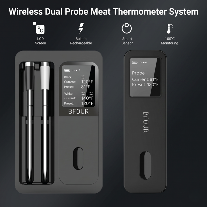 Overview of the Alphinea wireless dual probe meat thermometer system inside its sleek storage case, showcasing two untethered probes and the rechargeable booster station.