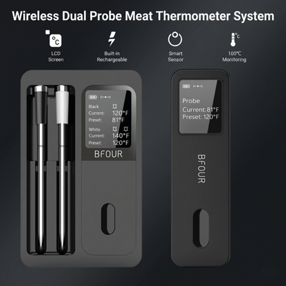 Overview of the Alphinea wireless dual probe meat thermometer system inside its sleek storage case, showcasing two untethered probes and the rechargeable booster station.