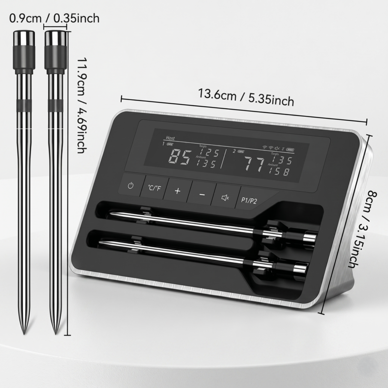 Measurement specifications for the Alphinea dual-probe wireless thermometer system, optimized for universal compatibility across BBQ grills, smokers, and ovens.