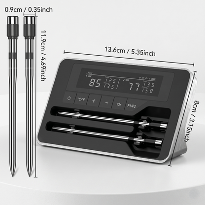 Measurement specifications for the Alphinea dual-probe wireless thermometer system, optimized for universal compatibility across BBQ grills, smokers, and ovens.