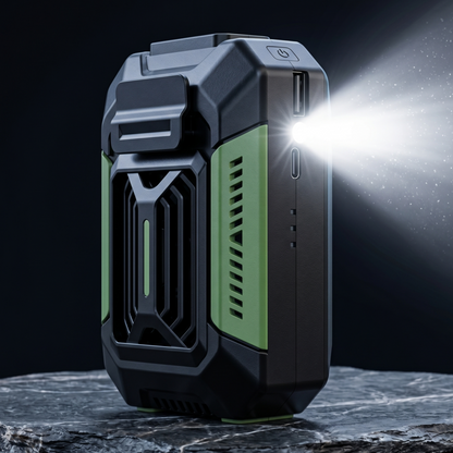 The rugged green and black color variant of the Alphinea 3-in-1 cooling fan standing upright on a stone surface with the flashlight turned on.