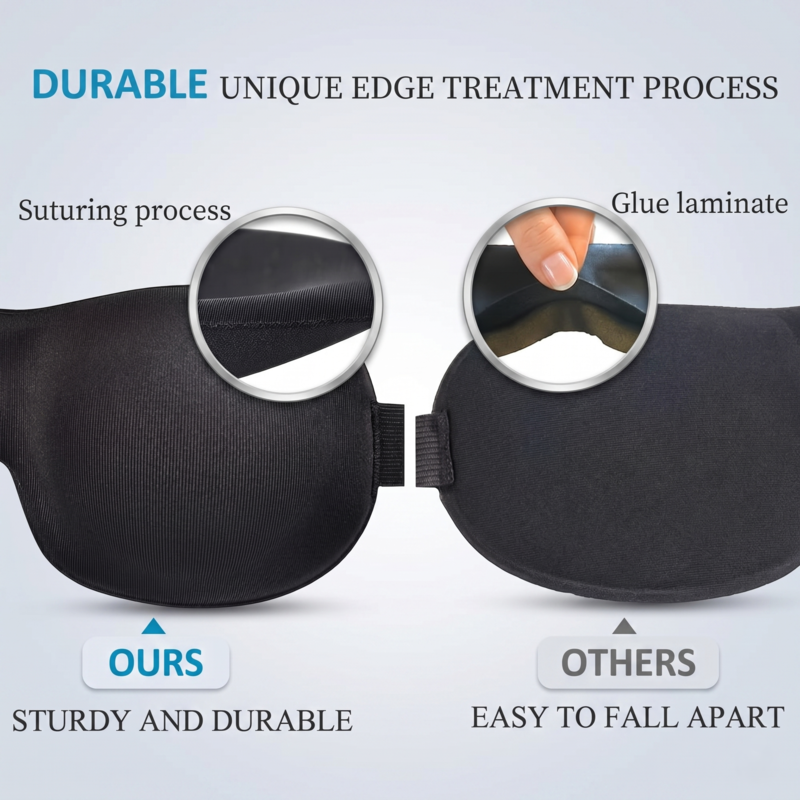 Quality comparison showing the Alphinea sleep mask's sturdy and durable sutured edges versus competitors' glued laminate edges that easily fall apart.