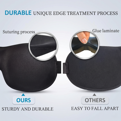 Quality comparison showing the Alphinea sleep mask's sturdy and durable sutured edges versus competitors' glued laminate edges that easily fall apart.