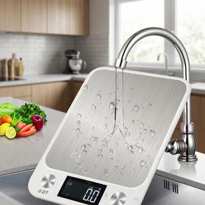 Eine weiße Alphinea-Küchenwaage wird unter einem Küchenwasserhahn abgespült, wodurch ihre leicht zu reinigende und wasserbeständige Edelstahloberfläche demonstriert wird.