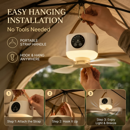 Installation facile et étape par étape du ventilateur de camping Alphinea, grâce à sa sangle et son crochet en cuir portables ne nécessitant aucun outil.
