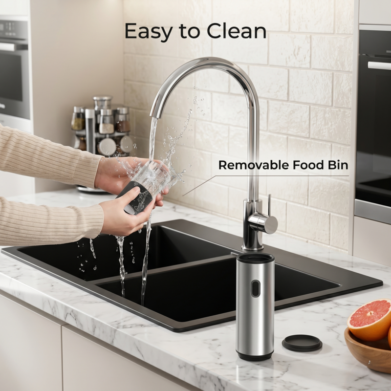 Démonstration du bac à aliments amovible et facile à nettoyer du moulin à sel et à poivre rechargeable Alphinea.
