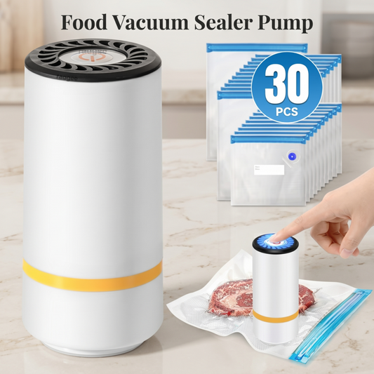 Alphinea electric food vacuum sealer pump in white and yellow, being activated by a finger on a kitchen counter next to a stack of 30 reusable vacuum bags.