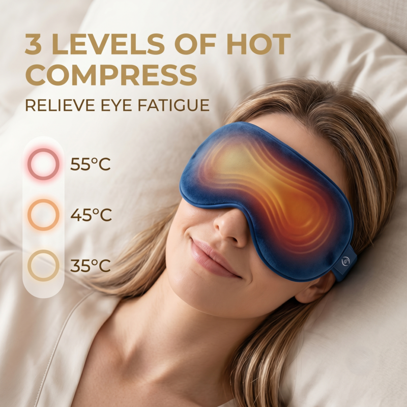 Une femme se détend avec le masque oculaire chauffant Alphinea, doté d'un schéma affichant les 3 niveaux de thérapie par compresse chaude à 35°C, 45°C et 55°C pour soulager la fatigue oculaire.