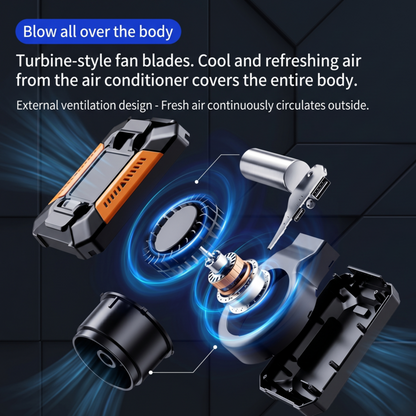 An exploded internal view of the Alphinea portable fan, displaying its robust 5W motor, turbine-style fan blades, and high-capacity battery.