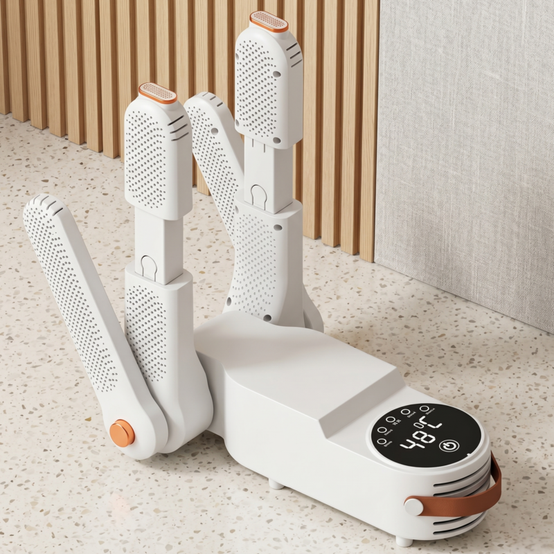 Alphinea Electric Shoe Dryer and Deodorizer in white, featuring adjustable folding drying arms and a digital control display set to 48°C.