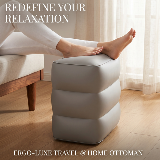 Alphinea Ergo-Luxe inflatable footrest in light grey, showing a person relaxing at home with their feet elevated on the three-tier ottoman.