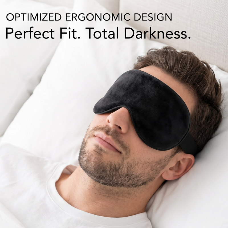 A man sleeping comfortably on his back wearing the black Alphinea blackout sleep mask, demonstrating its optimized ergonomic design and 100% total light occlusion for deep sleep.