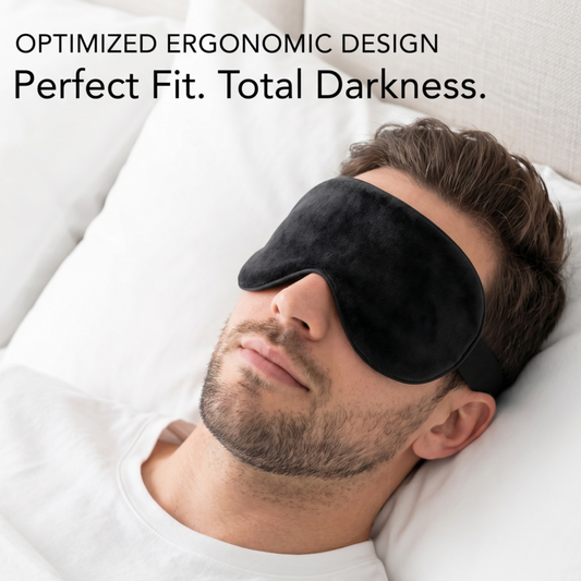 A man sleeping comfortably on his back wearing the black Alphinea blackout sleep mask, demonstrating its optimized ergonomic design and 100% total light occlusion for deep sleep.