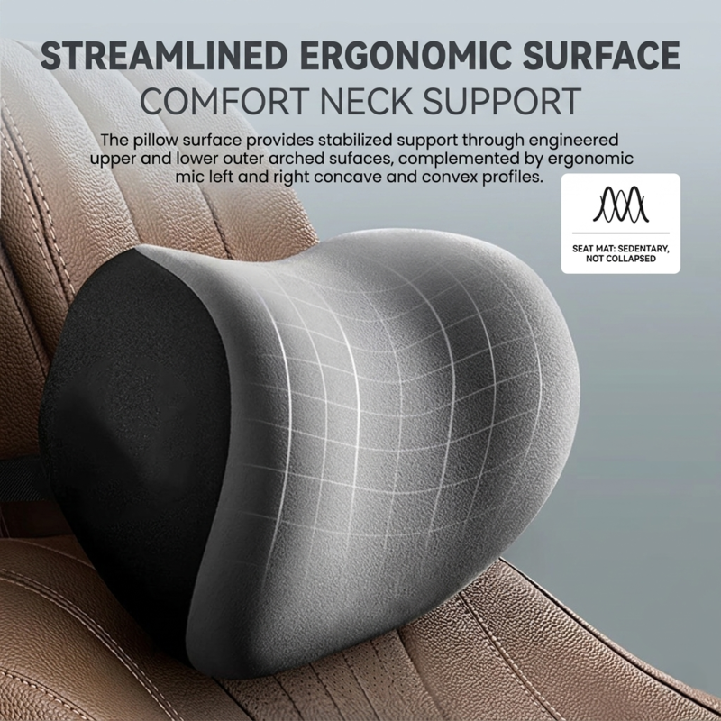 Close-up of the Alphinea ergonomic car neck pillow on a brown leather seat, featuring a contoured mesh surface designed to provide stabilized comfort and reduce driving fatigue.