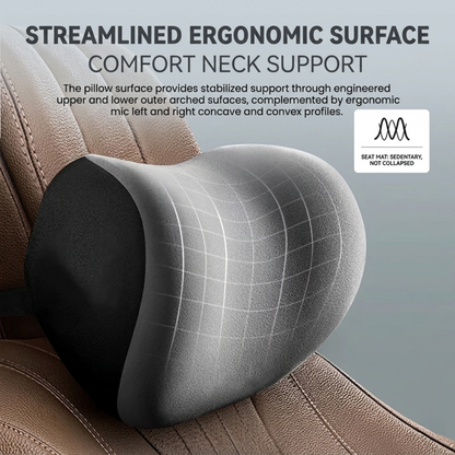 Close-up of the Alphinea ergonomic car neck pillow on a brown leather seat, featuring a contoured mesh surface designed to provide stabilized comfort and reduce driving fatigue.