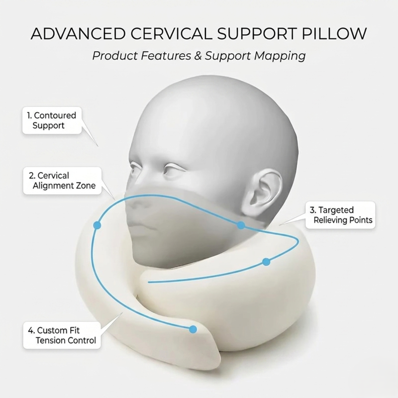 A 3D diagram illustrating the advanced cervical support mapping of the Alphinea pillow, highlighting the 360-degree anatomical contour that prevents head-drop.