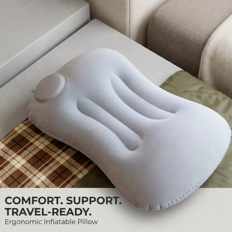 Das ergonomische, aufblasbare Reisekissen Alphinea in Grau liegt auf einem Bett und wurde für Reisekomfort und Nackenstütze entwickelt.