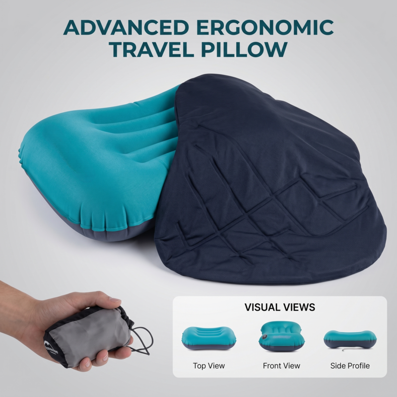 Alphinea fortschrittliches ergonomisches aufblasbares Reisekissen in Türkis mit abnehmbarem dunkelblauen Bezug, abgebildet zusammen mit seinem kompakten grauen Aufbewahrungsbeutel und Ansichten von oben, vorne und von der Seite.