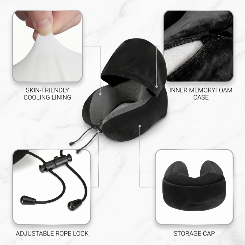 Close-up design details of the Alphinea travel pillow, highlighting the skin-friendly cooling lining, the inner medical-grade memory foam base, and the adjustable rope lock for securing the neck into a neutral position.