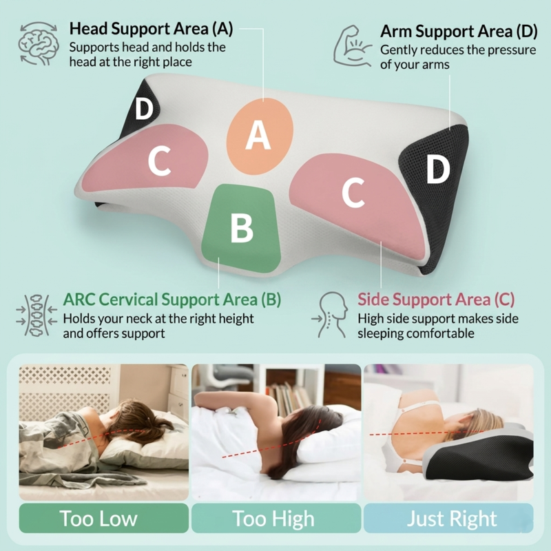 Diagram of the Alphinea ergonomic pillow highlighting its specific architecture zones: Head Support, ARC Cervical Support, Side Support, and Arm Support, alongside examples demonstrating proper and improper spinal alignment.
