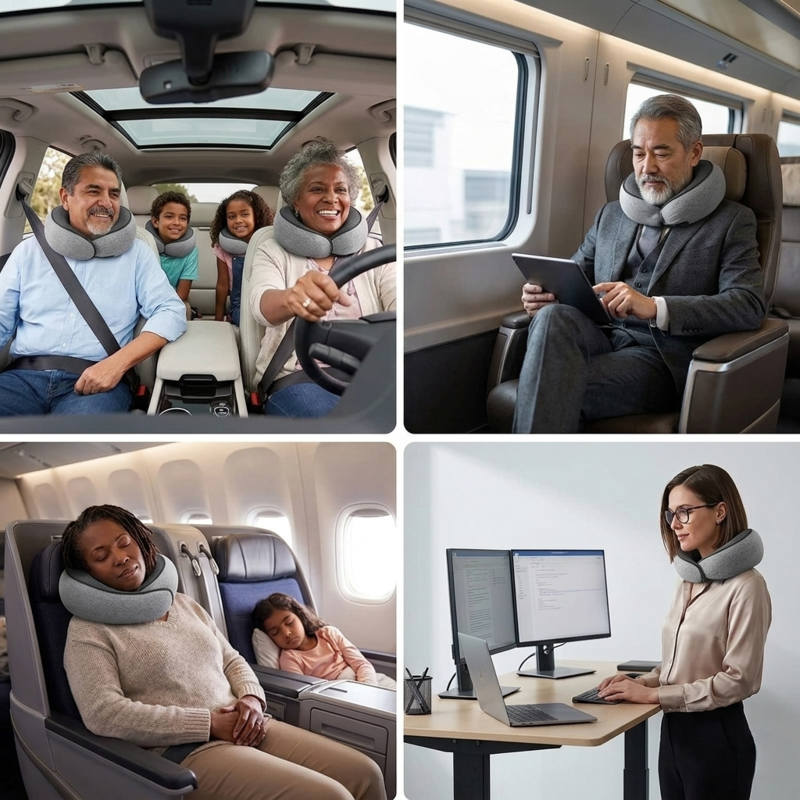 A collage of four lifestyle photos showing the Alphinea travel pillow being used on a road trip, on a train, during a flight, and as an ergonomic pillow for desk breaks at the office.