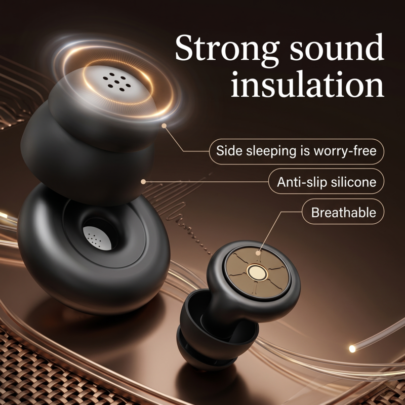 Close-up of Alphinea breathable, anti-slip silicone earplugs highlighting their ergonomic design for strong sound insulation and comfortable side sleeping.