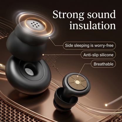 Close-up of Alphinea breathable, anti-slip silicone earplugs highlighting their ergonomic design for strong sound insulation and comfortable side sleeping.