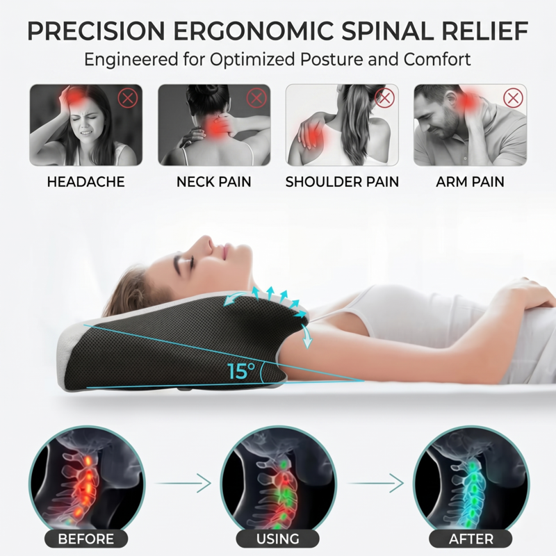 Infographic illustrating the precision ergonomic spinal relief of the Alphinea pillow. It highlights common pain points like headaches and neck pain, showing a posture progression of the spine before, during, and after using the restorative core.