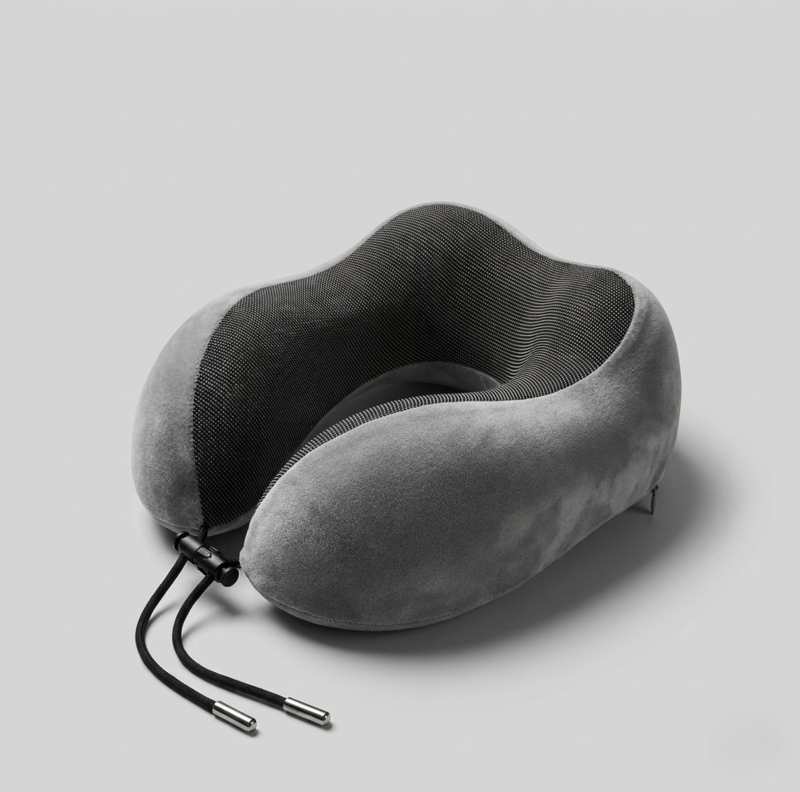 Grey Alphinea Premium U-Shaped Ergonomic travel pillow showing the high-rebound memory foam contouring and cooling micro-breathable textile lining.