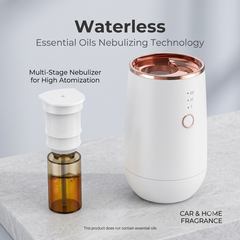 Le diffuseur d'huiles essentielles sans eau Alphinea est présenté à côté de son flacon de nébulisation interne à plusieurs étapes, montrant comment insérer le parfum.