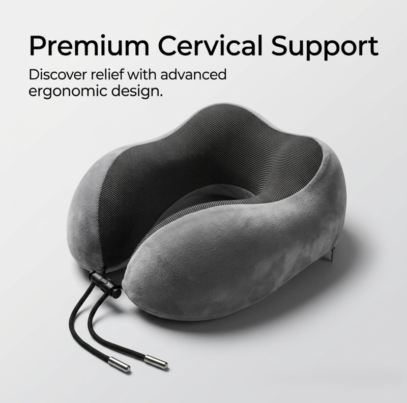 Alphinea Essential U-Series memory foam travel neck pillow in grey, featuring premium cervical support and an advanced ergonomic design with adjustable drawstrings.