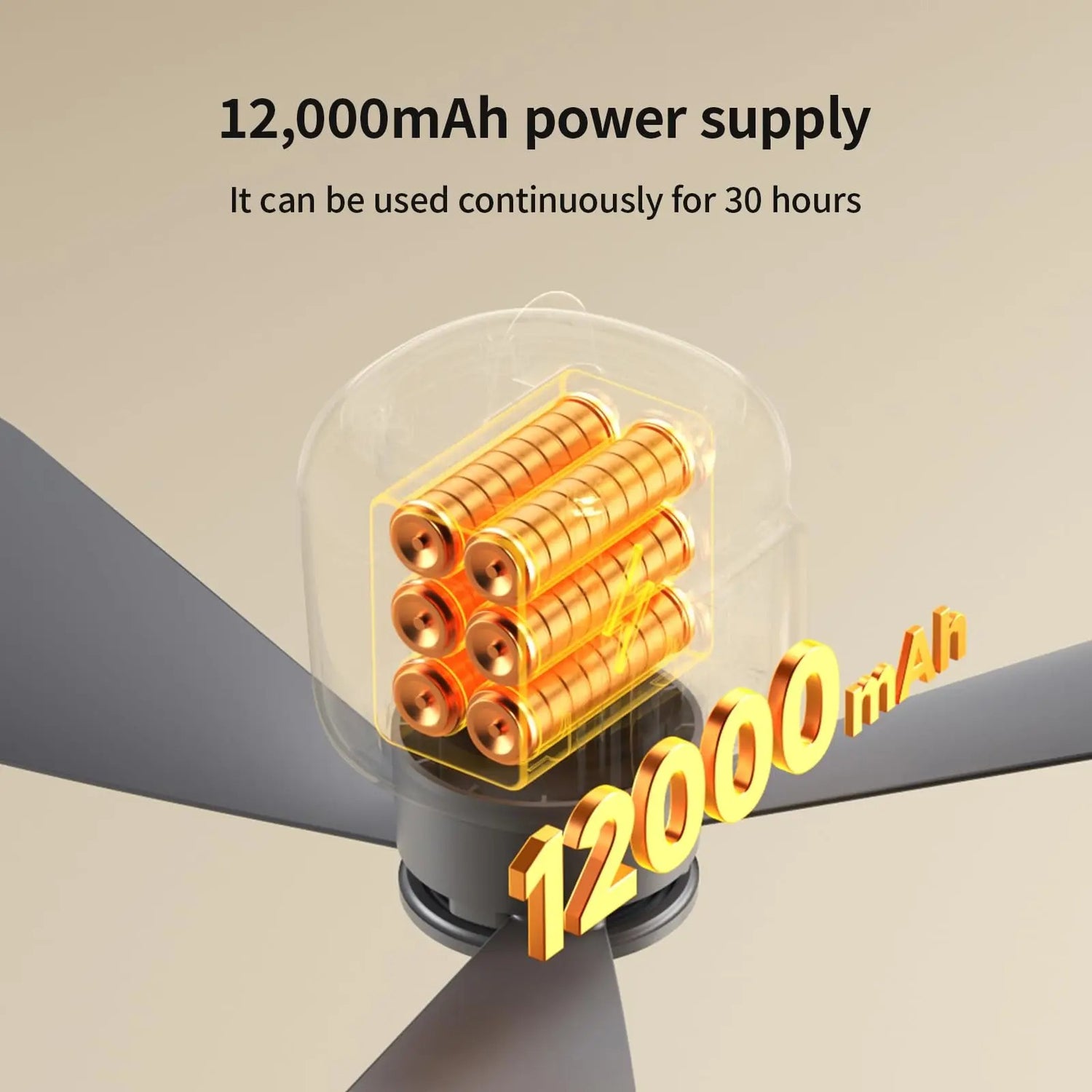 3D graphic showing the inside of the Alphinea portable fan motor containing six battery cells, highlighting the 12,000mAh power supply for up to 30 hours of continuous cordless use.