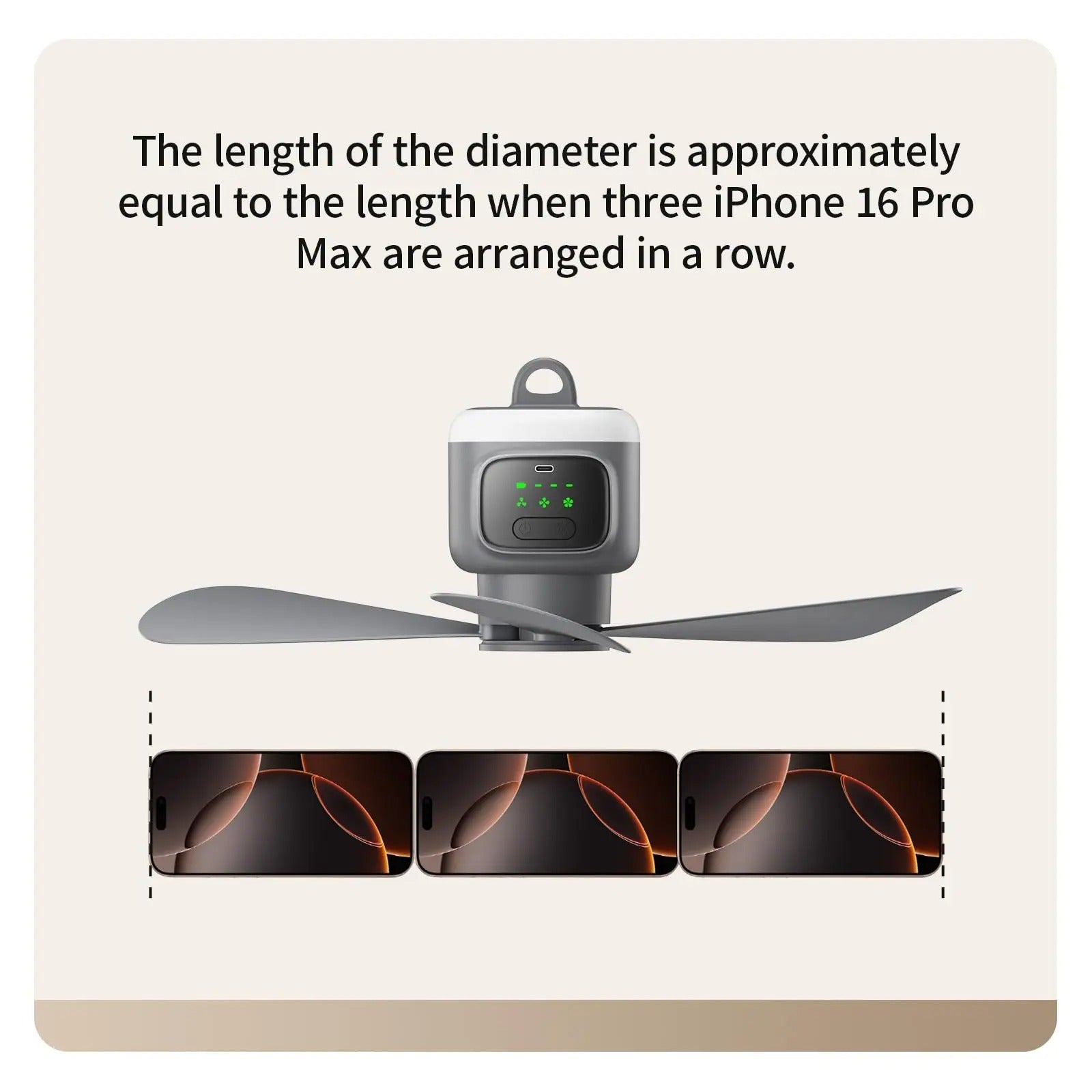 Guide visuel des tailles illustrant que le diamètre total des pales du ventilateur portable Alphinea est approximativement égal à la longueur de trois smartphones disposés bout à bout.