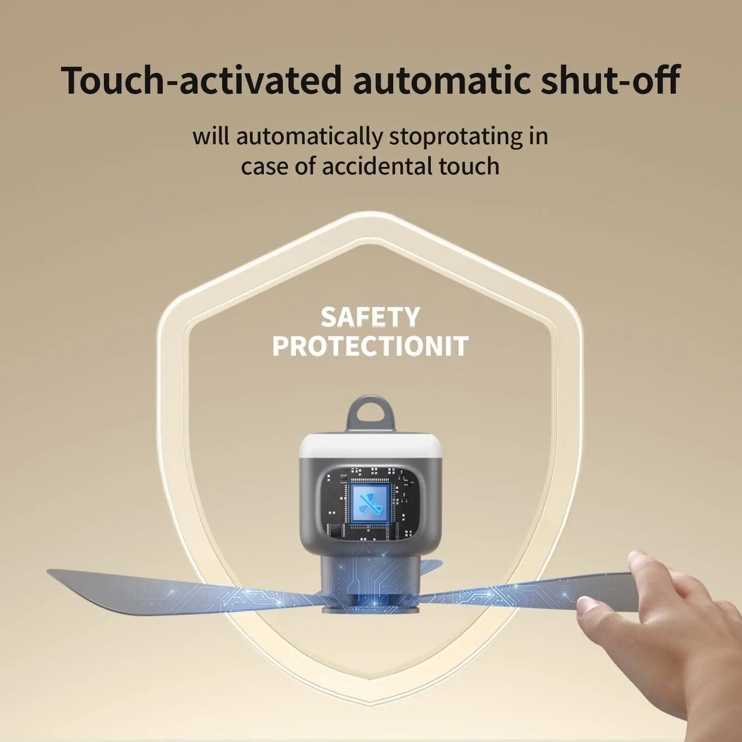 Une main touchant la pale du ventilateur Alphinea déclenche le dispositif de sécurité d'arrêt automatique par simple contact afin de prévenir les blessures, représenté par un pictogramme de protection lumineux.