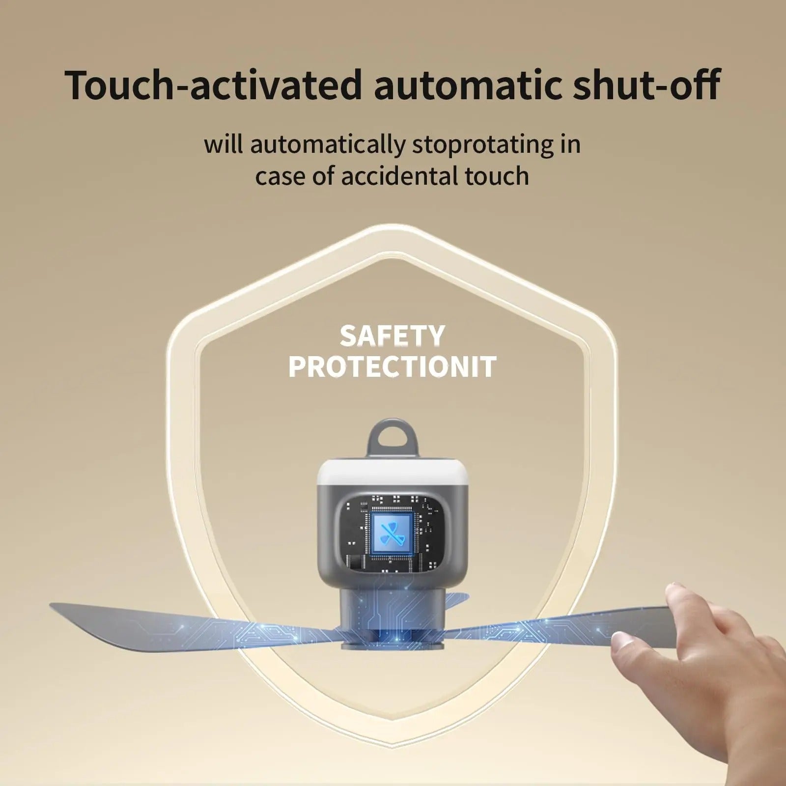 Une main touchant la pale du ventilateur Alphinea déclenche le dispositif de sécurité d'arrêt automatique par simple contact afin de prévenir les blessures, représenté par un pictogramme de protection lumineux.