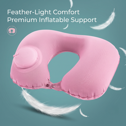 Oreiller de voyage gonflable rose ultra-léger pour la nuque, flottant avec des plumes blanches, privilégiant un confort optimal et doté d'un bouton de gonflage intégré.
