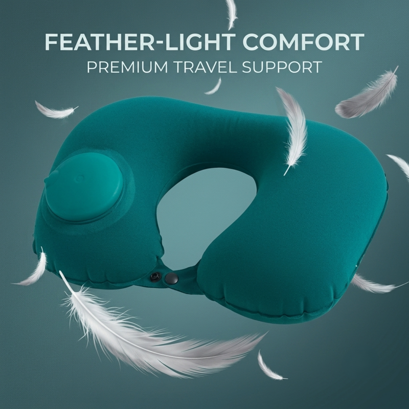 Oreiller de voyage gonflable vert turquoise, ultra-léger comme une plume, flottant parmi des plumes blanches, conçu pour un soutien optimal en voyage.