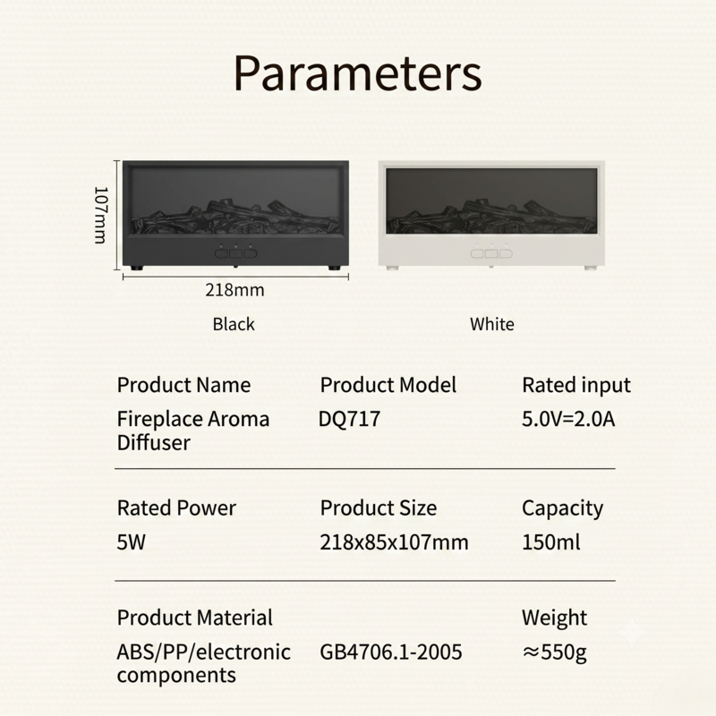 Caractéristiques techniques et dimensions des modèles noir et blanc du diffuseur d'arômes pour cheminée Alphinea.