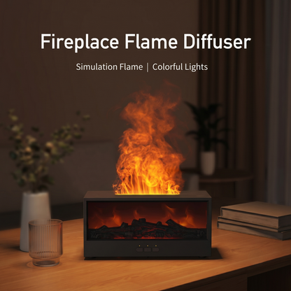 Diffuseur de flamme de cheminée Alphinea noir avec lumières d'imitation colorées, posé sur un bureau en bois.